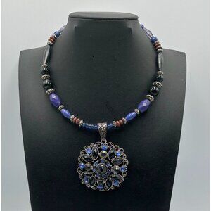3/$30 Boho Statement Necklace Blue Black Beaded Large Round Pendant Costume